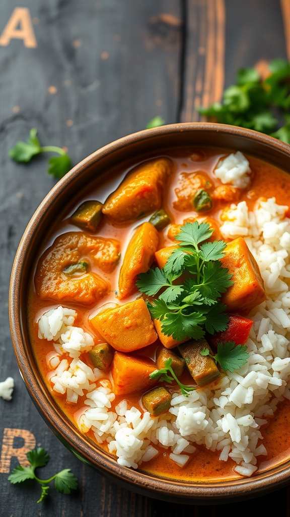 A bowl of vegetable coconut curry with rice and fresh cilantro.