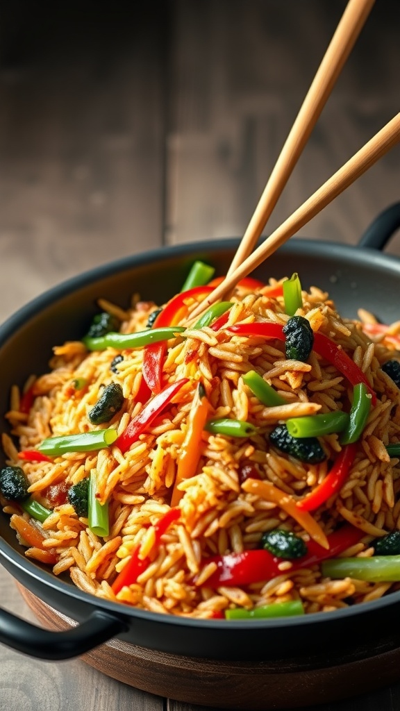 A bowl of colorful vegetable fried rice with chopsticks