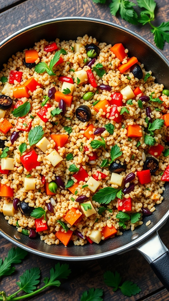 A vibrant vegetable quinoa stir-fry with colorful veggies and fresh herbs.