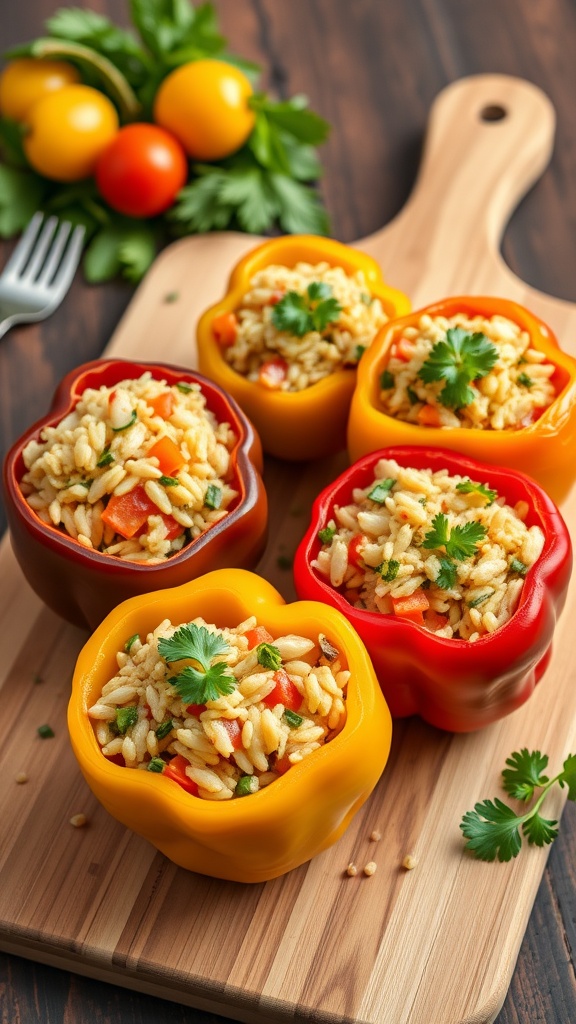 Colorful stuffed peppers filled with rice and veggies on a wooden cutting board.