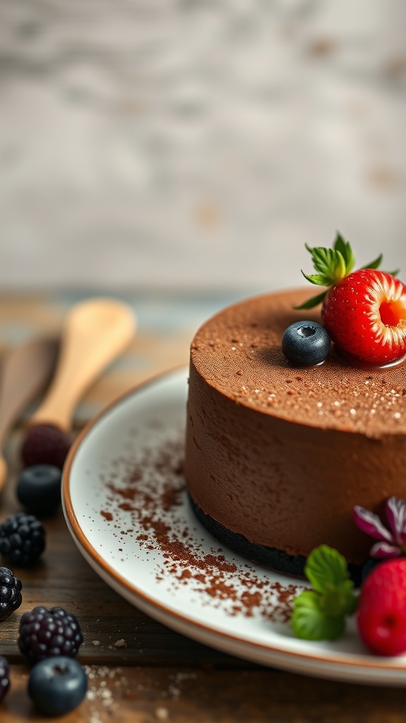 Velvety chocolate mousse cake topped with fresh berries