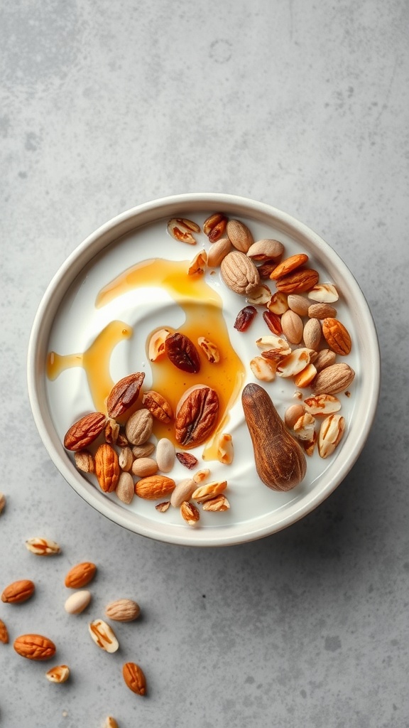 A yogurt bowl topped with an assortment of nuts and seeds, drizzled with honey.
