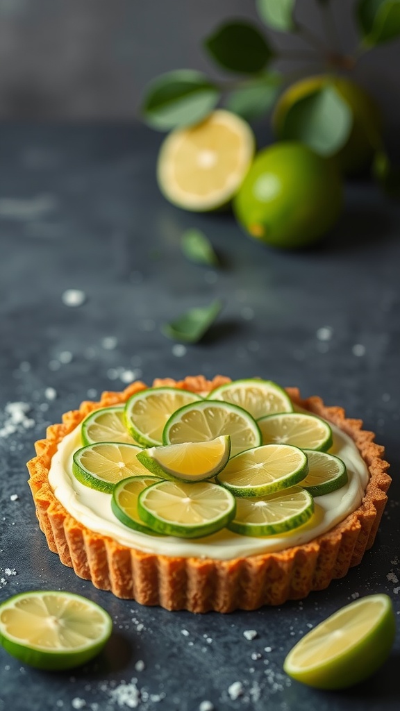 A delicious Key Lime Tart topped with lime slices, surrounded by limes.