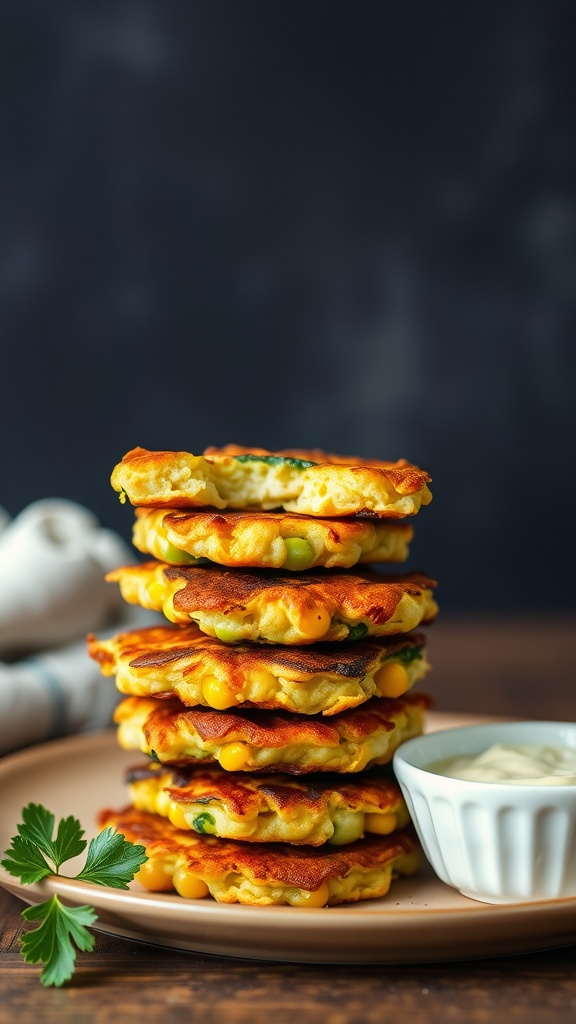 A stack of zucchini and corn fritters served with a small bowl of dip and fresh parsley on a plate.