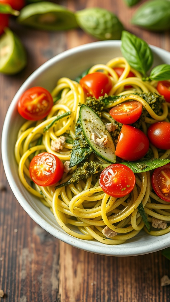 A bowl of zucchini noodles topped with fresh pesto, cherry tomatoes, and basil.